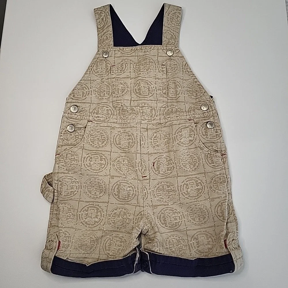 GYMBOREE Y2K 2001 Vintage TIKI Print Overalls/Shortalls Beige/Blue‎ Size 12-18mo
